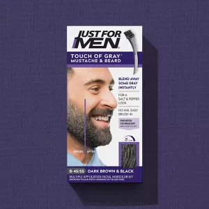 Touch Of Gray Mustache & Beard box on purple fabric background